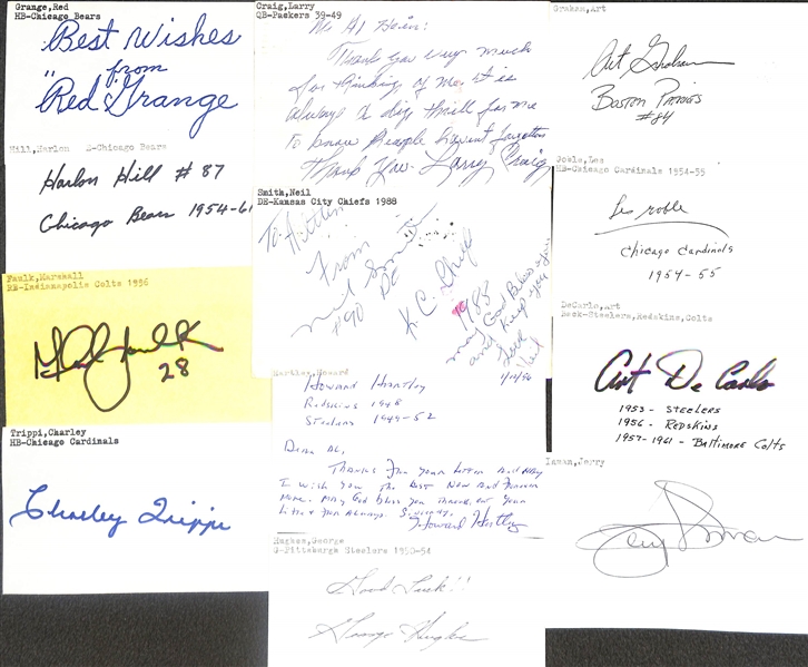 125+ Mostly Football-Related Signed Index Cards w. Red Grange, Harlon Hill, Marshall Faulk, Charley Trippi, Larry Craig, Neil Smith, Howard Hartley, George Hughes, + (JSA Auction Letter)
