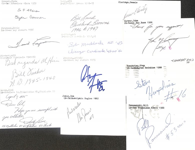 125+ Mostly Football-Related Signed Index Cards w. Red Grange, Harlon Hill, Marshall Faulk, Charley Trippi, Larry Craig, Neil Smith, Howard Hartley, George Hughes, + (JSA Auction Letter)