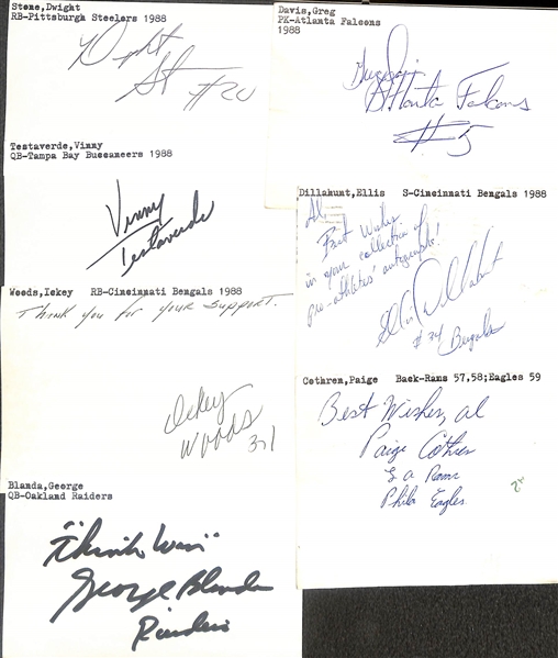125+ Mostly Football-Related Signed Index Cards w. Red Grange, Harlon Hill, Marshall Faulk, Charley Trippi, Larry Craig, Neil Smith, Howard Hartley, George Hughes, + (JSA Auction Letter)