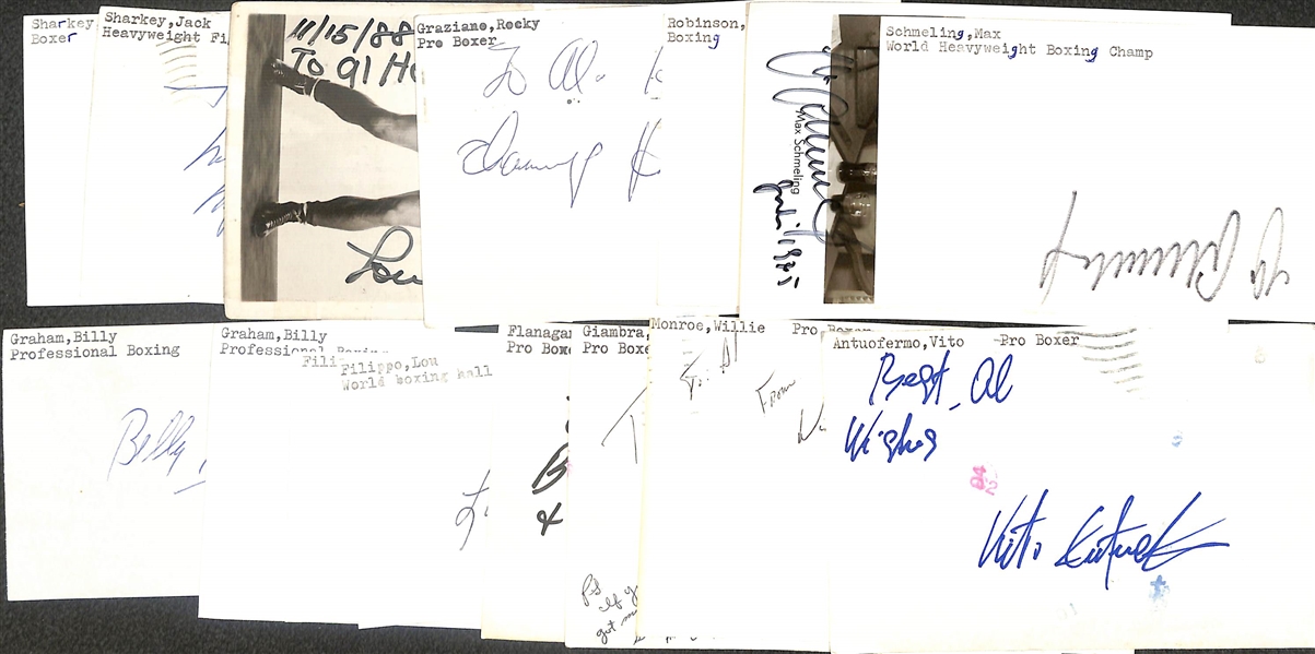 14 Mostly Boxing-Related Signed Index Cards and Pictures w. Max Schmeling, Sugar Robinson, Rocky Graziano, Lou Nova, Jack Sharkey, + (JSA Auction Letter)