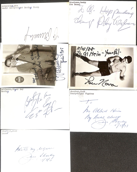 14 Mostly Boxing-Related Signed Index Cards and Pictures w. Max Schmeling, Sugar Robinson, Rocky Graziano, Lou Nova, Jack Sharkey, + (JSA Auction Letter)