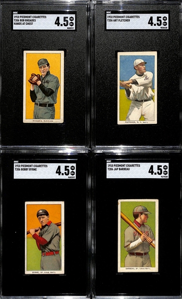 (4) 1910 T206 Piedmont Cigarettes Tobacco Cards - Each Graded SGC 4.5 - Bob Rhoades (Hands at Chest), Art Fletcher, Jap Barbeau, & Bobby Byrne