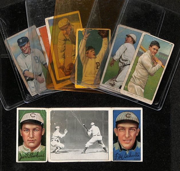 Lot of (6) 1909 T206 National League Tobacco Cards w. Josh Devore & (1) 1912 T202 Hassan Sheckard/Schulte Triple Folder