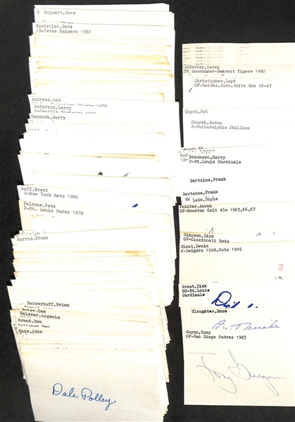 300+ Mostly Baseball-Related Signed Index Cards w. Tony Gwyn, Enos Slaughter, Dick Groat, Dwain Sloat, Dick Simpson, Aaron Pointer, + (JSA Auction Letter)