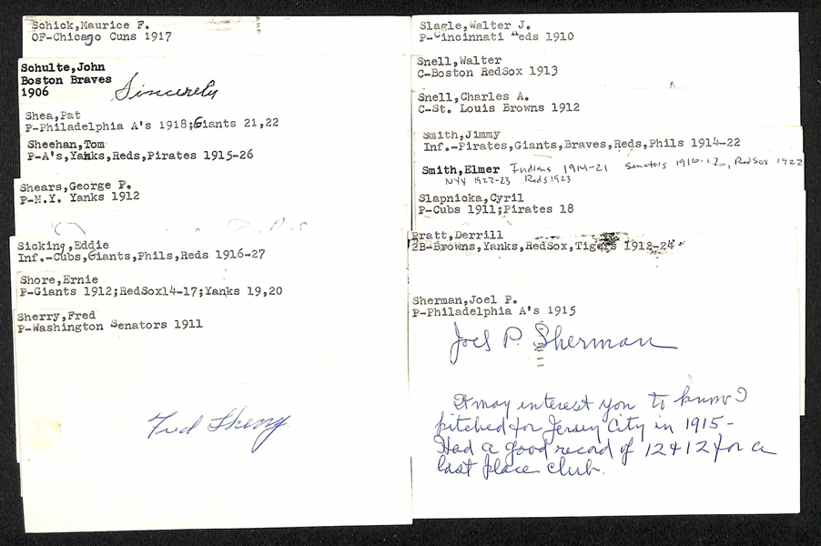 Lort of (17) Mostly 1900-1920s Baseball-Related Signed Index Cards w. Maurice Schick, John Schulte, Pat Shea, Tom Sheehan, George Shears, Eddie Sicking, + (JSA Auction Letter)