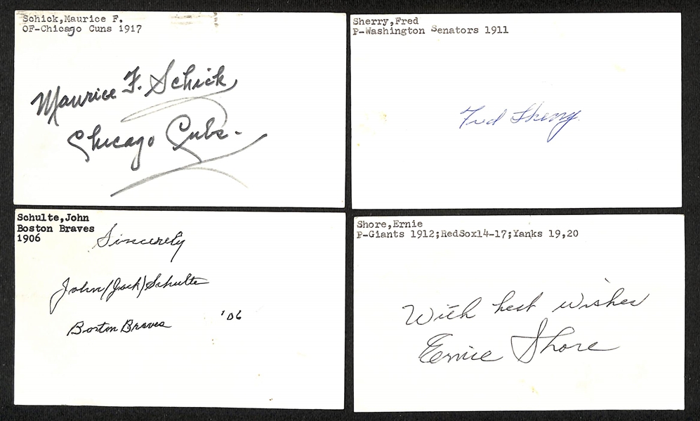 Lort of (17) Mostly 1900-1920s Baseball-Related Signed Index Cards w. Maurice Schick, John Schulte, Pat Shea, Tom Sheehan, George Shears, Eddie Sicking, + (JSA Auction Letter)