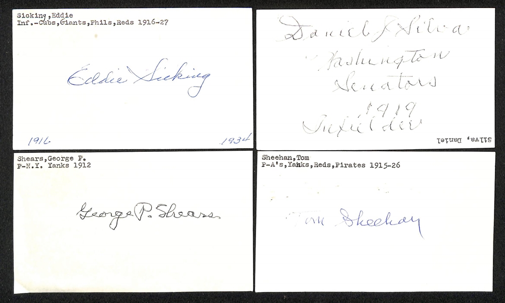 Lort of (17) Mostly 1900-1920s Baseball-Related Signed Index Cards w. Maurice Schick, John Schulte, Pat Shea, Tom Sheehan, George Shears, Eddie Sicking, + (JSA Auction Letter)