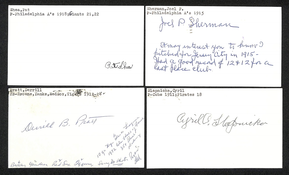 Lort of (17) Mostly 1900-1920s Baseball-Related Signed Index Cards w. Maurice Schick, John Schulte, Pat Shea, Tom Sheehan, George Shears, Eddie Sicking, + (JSA Auction Letter)