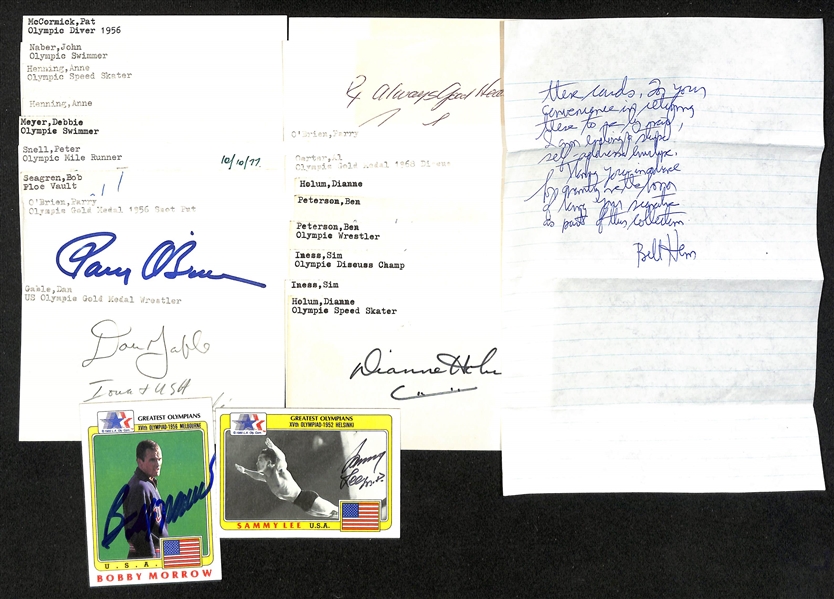 Lot of (20+) Mostly Olympic-Related Signed Cards, Index Cards, and Paper w. Pat McCormick, John Naber, Anna Henning, Debbie Meyer, Peter Snell, Bob Seagren, + (JSA Auction Letter) 