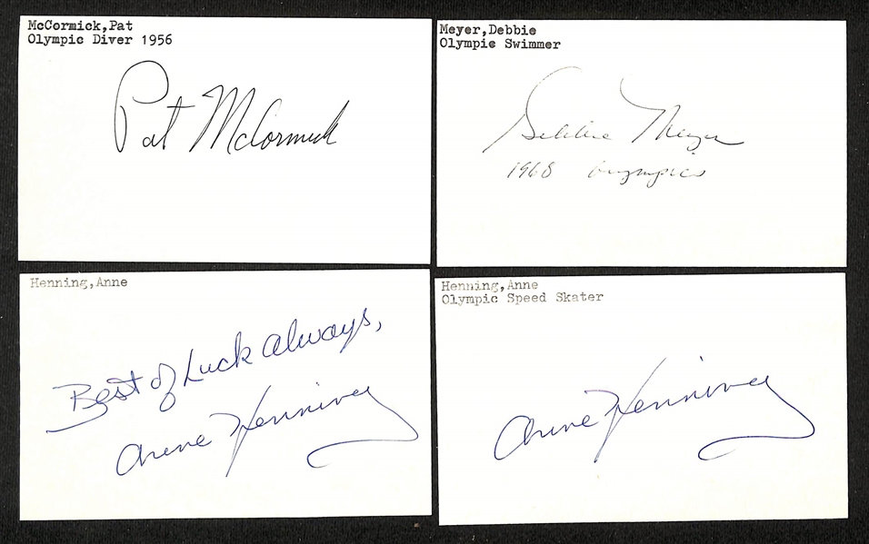 Lot of (20+) Mostly Olympic-Related Signed Cards, Index Cards, and Paper w. Pat McCormick, John Naber, Anna Henning, Debbie Meyer, Peter Snell, Bob Seagren, + (JSA Auction Letter) 