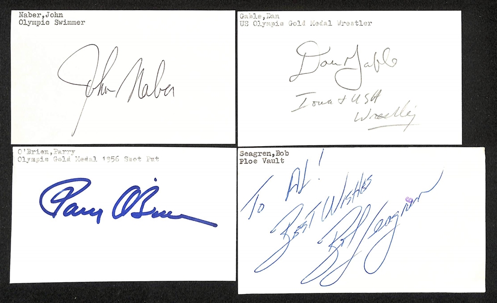 Lot of (20+) Mostly Olympic-Related Signed Cards, Index Cards, and Paper w. Pat McCormick, John Naber, Anna Henning, Debbie Meyer, Peter Snell, Bob Seagren, + (JSA Auction Letter) 