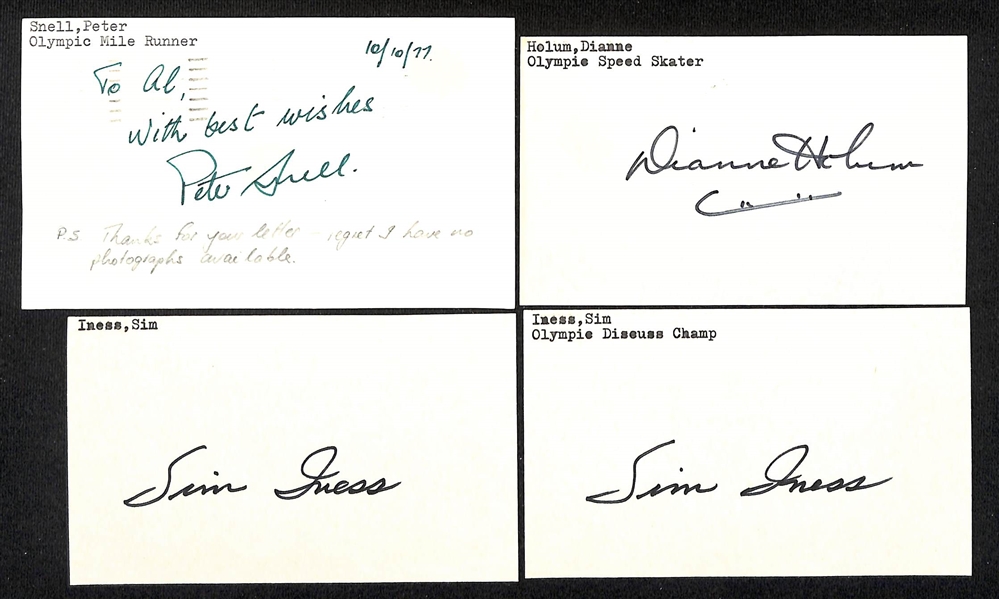 Lot of (20+) Mostly Olympic-Related Signed Cards, Index Cards, and Paper w. Pat McCormick, John Naber, Anna Henning, Debbie Meyer, Peter Snell, Bob Seagren, + (JSA Auction Letter) 
