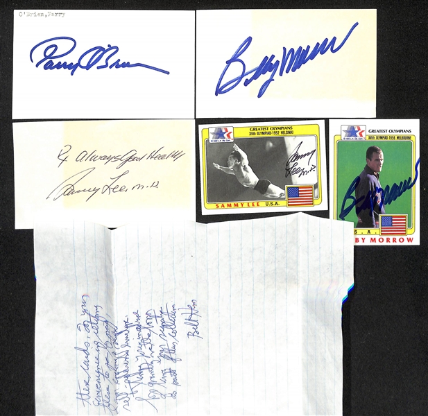 Lot of (20+) Mostly Olympic-Related Signed Cards, Index Cards, and Paper w. Pat McCormick, John Naber, Anna Henning, Debbie Meyer, Peter Snell, Bob Seagren, + (JSA Auction Letter) 
