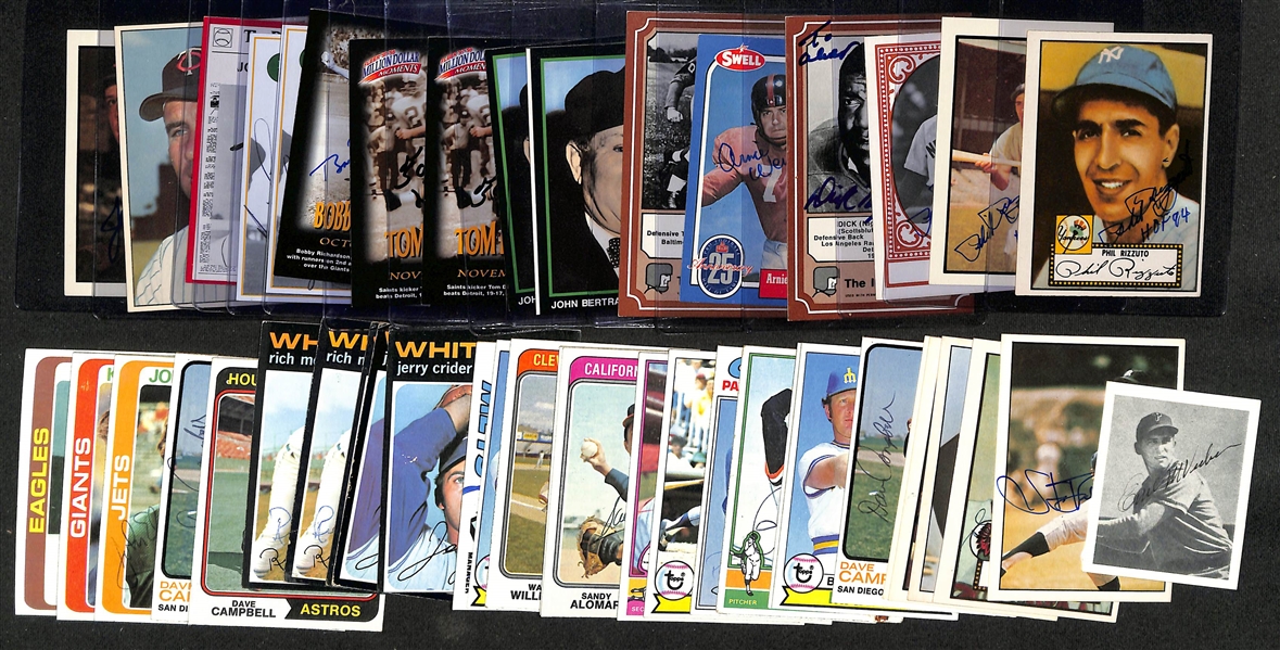 Lot of (40+) Mostly Baseball + Football-Related Old-Timers Signed Cards w. Phil Rizzuto, Dick (Night Train) Lane, Arnie Weinmeister, Art Donovan, John (Jocko) Conlan, + (JSA Auction Letter) 