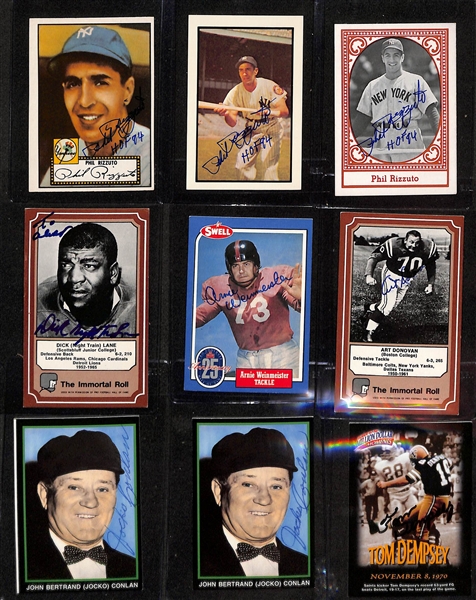 Lot of (40+) Mostly Baseball + Football-Related Old-Timers Signed Cards w. Phil Rizzuto, Dick (Night Train) Lane, Arnie Weinmeister, Art Donovan, John (Jocko) Conlan, + (JSA Auction Letter) 