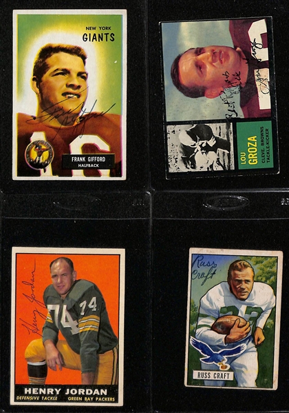 Lot of (18) Signed Vintage Football Cards w. Frank Gifford, Lou Groza, Henry Jordan, Russ Craft, Dick Bielski, Darrell Brewster, + (JSA Auction Letter)