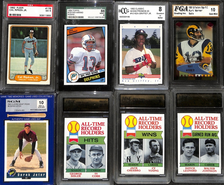 Lot of (8) 1979-1999 Graded Baseball & Football w. 1982 Fleer Ripken PSA 5 & 1984 Topps Dan Marino SGC 8 & (5) 1948 Bowman Football Cards
