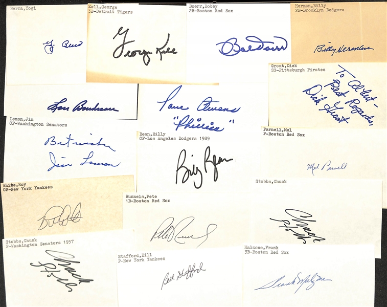 Lot of (200+) Mostly Baseball-Related Signed Index Cards w. Yogi Berra, George Kell, Bobby Doerr, Billy Herman, Lou Boudreau, Paul Owens, + (JSA Auction Letter)