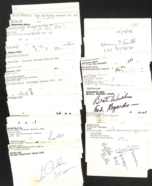 150+ Mostly Football-Related Signed Index Cards w. Thurman Thomas, Jim Ringo, Tom Rafferty, Mel Renfro, Bert Rechichar, Lynn Dickey, Charlie White, + (JSA Auction Letter)
