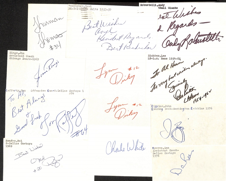 150+ Mostly Football-Related Signed Index Cards w. Thurman Thomas, Jim Ringo, Tom Rafferty, Mel Renfro, Bert Rechichar, Lynn Dickey, Charlie White, + (JSA Auction Letter)