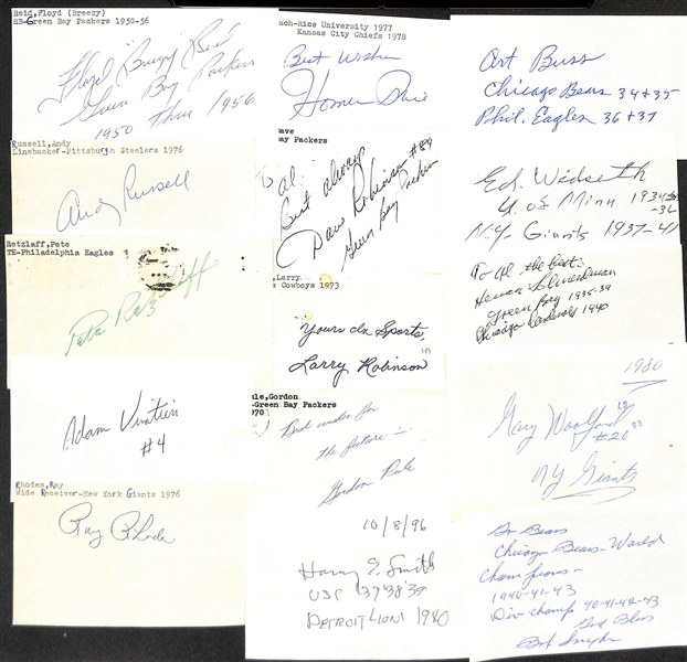 150+ Mostly Football-Related Signed Index Cards w. Thurman Thomas, Jim Ringo, Tom Rafferty, Mel Renfro, Bert Rechichar, Lynn Dickey, Charlie White, + (JSA Auction Letter)