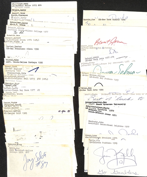 Lot of (100+) Mostly Football-Related Signed Index Cards w. Jim Kelly, Rosie Brown, Lynn Swann, John Sandusky, Joe Schmidt, Bo Schembechler, Marty Schottenheimer, + (JSA Auction Letter)