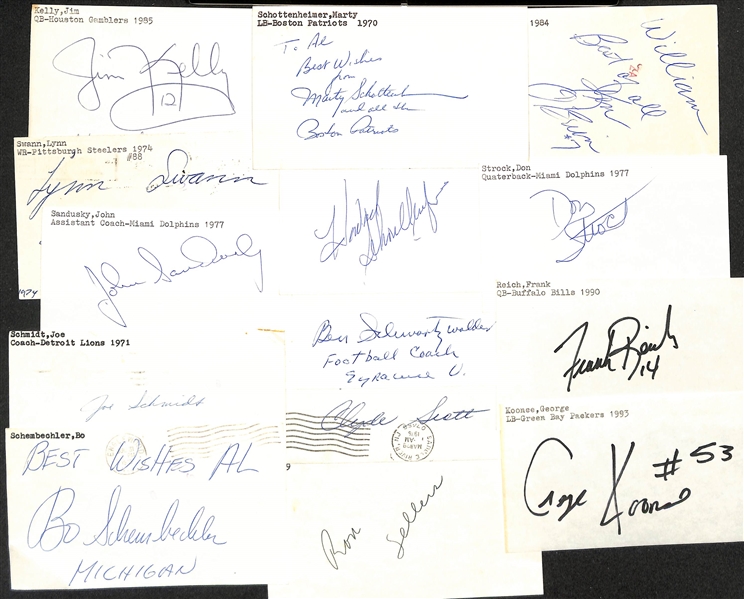 Lot of (100+) Mostly Football-Related Signed Index Cards w. Jim Kelly, Rosie Brown, Lynn Swann, John Sandusky, Joe Schmidt, Bo Schembechler, Marty Schottenheimer, + (JSA Auction Letter)