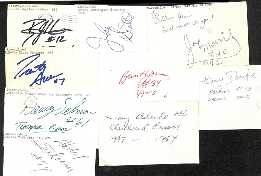 Lot of (100+) Mostly Football-Related Signed Index Cards w. Jim Kelly, Rosie Brown, Lynn Swann, John Sandusky, Joe Schmidt, Bo Schembechler, Marty Schottenheimer, + (JSA Auction Letter)