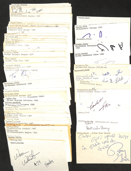 Lot of (150+) Mostly Football-Related Signed Index Cards w. Rosey Grier, Archie Griffin, Dick LeBeau, Norm Snead, Randall Cunningham, Vic Sears, + (JSA Auction Letter)