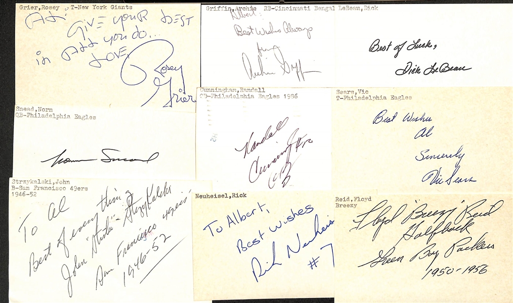 Lot of (150+) Mostly Football-Related Signed Index Cards w. Rosey Grier, Archie Griffin, Dick LeBeau, Norm Snead, Randall Cunningham, Vic Sears, + (JSA Auction Letter)