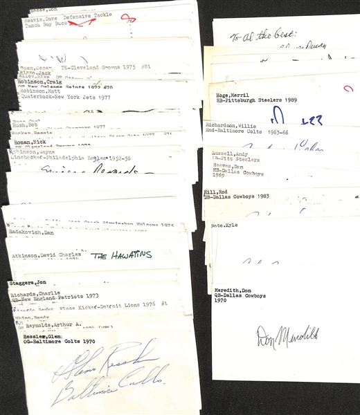 Lot of (150+) Mostly Football-Related Signed Index Cards w. Don Meredith, Larry Wilson, Tony Dungy, Art Buss, Adam Vinatieri, Eddie Robinson, + (JSA Auction Letter)