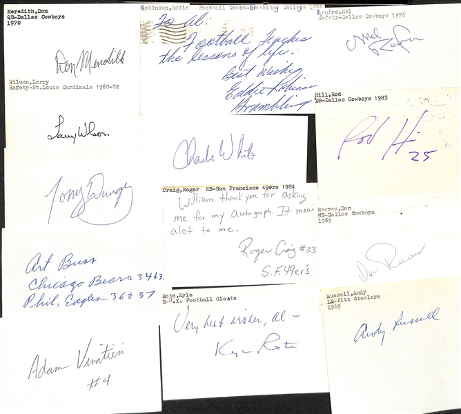 Lot of (150+) Mostly Football-Related Signed Index Cards w. Don Meredith, Larry Wilson, Tony Dungy, Art Buss, Adam Vinatieri, Eddie Robinson, + (JSA Auction Letter)