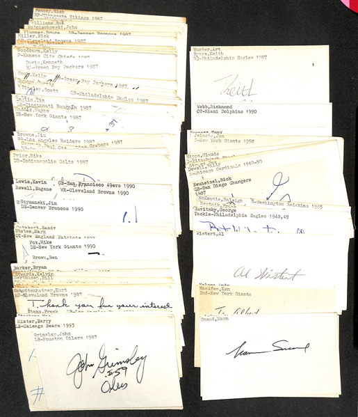 Lot of (175+) Mostly Football-Related Signed Index Cards w. Norm Snead, Dick LeBeau, John Johnson, Ken MacAfee, Andy Nelson, Al Wistert, George Savitsky, Frank Mestnik, + (JSA Auction Letter)