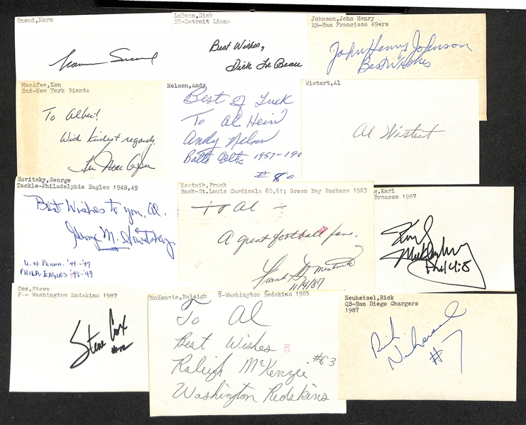 Lot of (175+) Mostly Football-Related Signed Index Cards w. Norm Snead, Dick LeBeau, John Johnson, Ken MacAfee, Andy Nelson, Al Wistert, George Savitsky, Frank Mestnik, + (JSA Auction Letter)