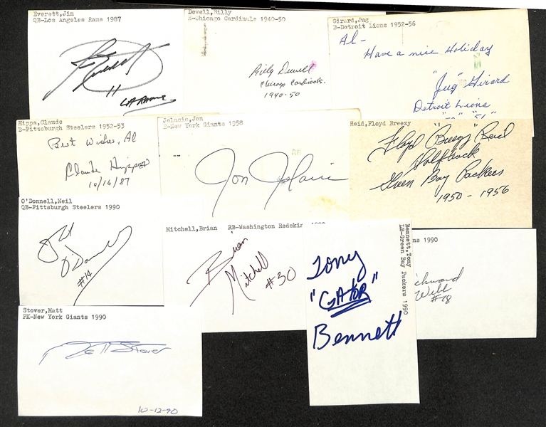 Lot of (175+) Mostly Football-Related Signed Index Cards w. Norm Snead, Dick LeBeau, John Johnson, Ken MacAfee, Andy Nelson, Al Wistert, George Savitsky, Frank Mestnik, + (JSA Auction Letter)