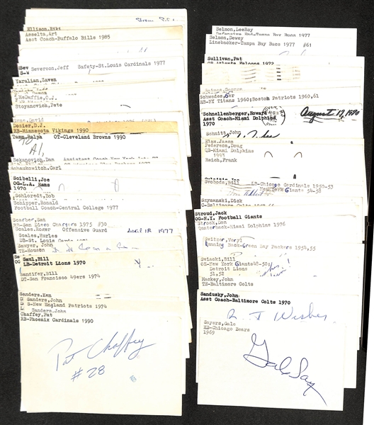 Lot of (100+) Mostly Football-Related Signed Index Cards w. Gale Sayers, Lynn Swann, John Sandusky, John Mackey, Bill Swiacki, Veryl Switzer, LeeRoy Selmon, + (JSA Auction Letter)