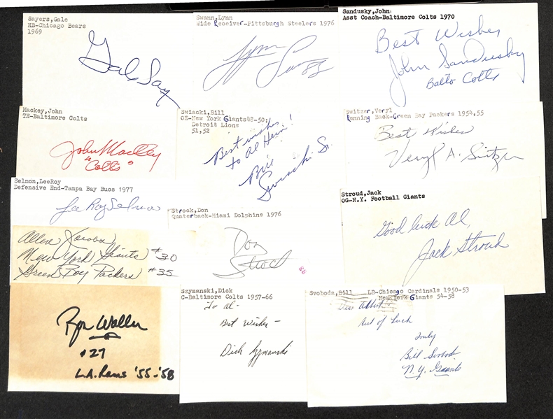 Lot of (100+) Mostly Football-Related Signed Index Cards w. Gale Sayers, Lynn Swann, John Sandusky, John Mackey, Bill Swiacki, Veryl Switzer, LeeRoy Selmon, + (JSA Auction Letter)