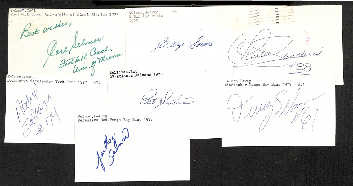 Lot of (100+) Mostly Football-Related Signed Index Cards w. Gale Sayers, Lynn Swann, John Sandusky, John Mackey, Bill Swiacki, Veryl Switzer, LeeRoy Selmon, + (JSA Auction Letter)