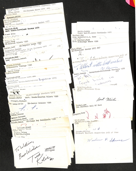 Lot of (200+) Mostly Football-Related Signed Index Cards w. William Spears, Don Shula, Norm Snead, John Randle, Tony Siragusa, Ace Parker, + (JSA Auction Letter) 