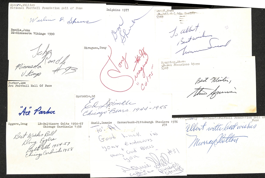 Lot of (200+) Mostly Football-Related Signed Index Cards w. William Spears, Don Shula, Norm Snead, John Randle, Tony Siragusa, Ace Parker, + (JSA Auction Letter) 