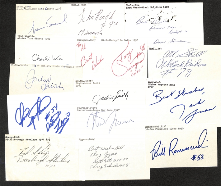 175+ Mostly Football-Related Signed Index Cards w. Norm Snead, John Randle, Don Shula, Charlie Weis, Tony Siragusa, Art Shell, + (JSA Auction Letter) 