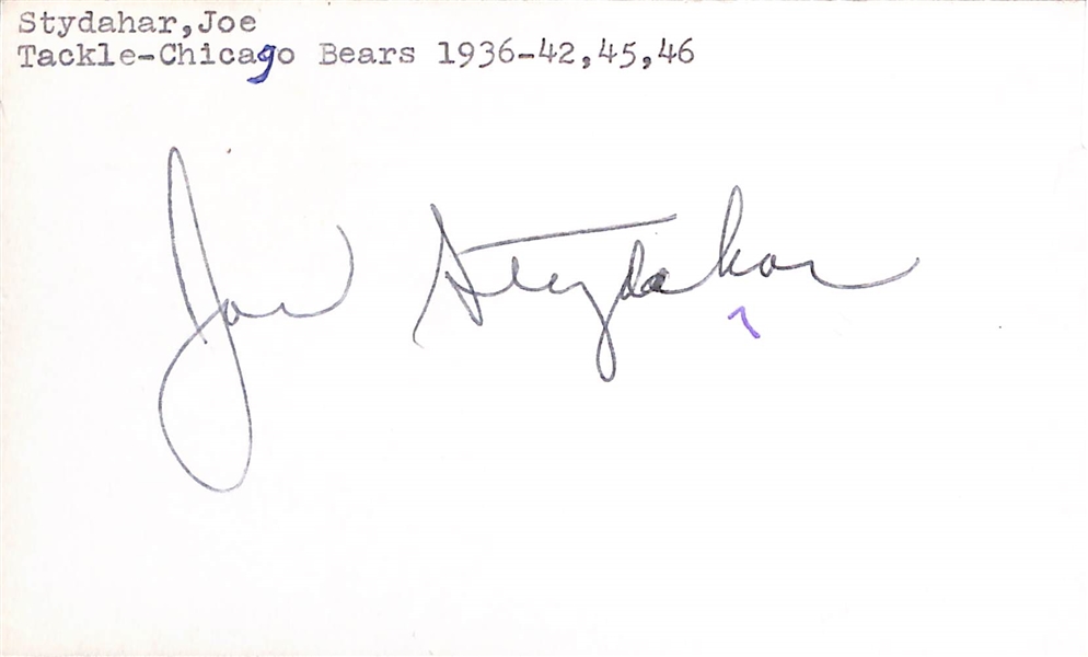 Joe Stydahar (Chicago Bears) Signed Index Card - RARE College & Pro Football HOF Autograph (HOF 1967, d. 1977) (JSA Auction Letter)