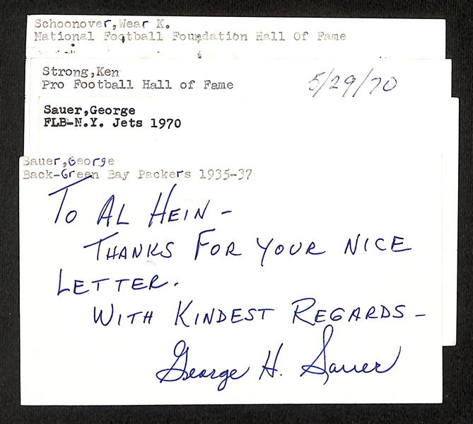 Lot of (4) Football-Related Signed Index Cards - George Sauer (2), Ken Strong, Wear Schoonover, + (JSA Auction Letter)