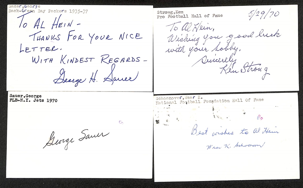 Lot of (4) Football-Related Signed Index Cards - George Sauer (2), Ken Strong, Wear Schoonover, + (JSA Auction Letter)