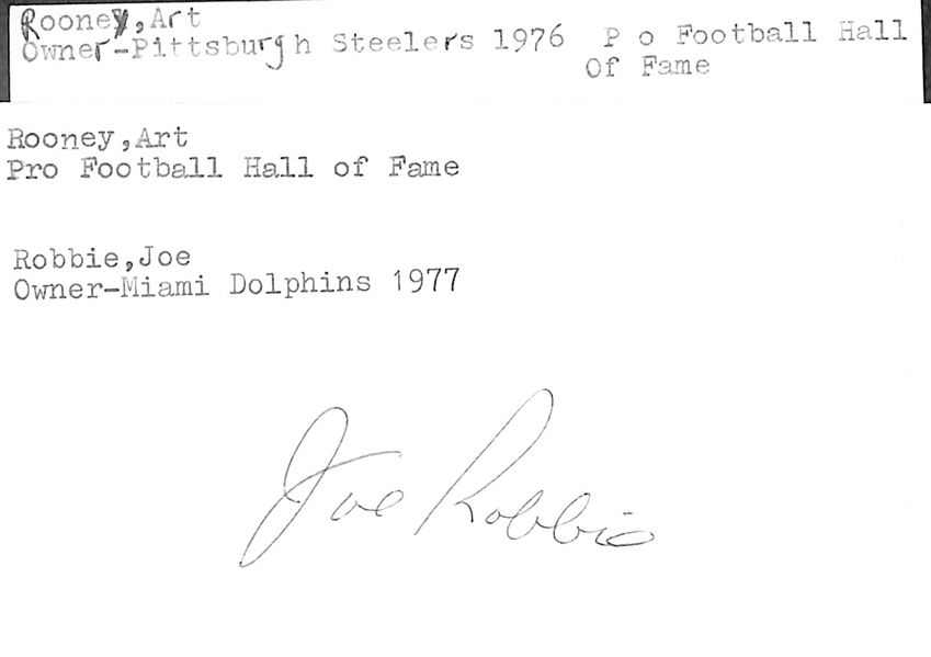 Lot of (3) Football-Related Signed Index Cards - Art Rooney (2), Joe Robbie, + (JSA Auction Letter)
