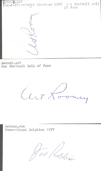 Lot of (3) Football-Related Signed Index Cards - Art Rooney (2), Joe Robbie, + (JSA Auction Letter)