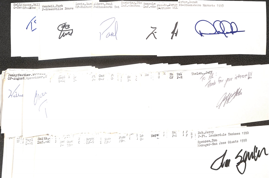 Lot of (375+) Mostly Baseball-Related Signed Index Cards (Majority Minor League) w. Derek Jeter (HOF), Jorge Posada, Luis Gonzalez, Tim Naehring, Paul Abbott, Darren Lewis, Pat Tilmon, Turk...