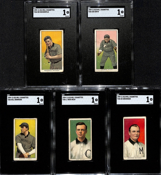 (5) 1909-11 T206 Southern Leagues Old Mill Cigarettes Tobacco Cards (Each Graded SGC 1) - Bill Bernhard, Sid Smith, Ike Rokenfeld, J. Ross Helm, & Ed Greminger 