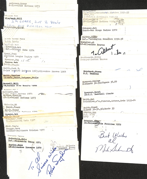 (50+) Mostly Baseball-Related Signed Index Cards w. Mike Schmidt, Tom Seaver, Frank Smith, Hal Smith, Paul Smith, Daryl Spencer, George Spencer, + (JSA Auction Letter)