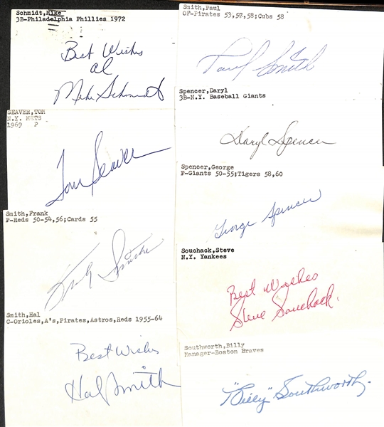 (50+) Mostly Baseball-Related Signed Index Cards w. Mike Schmidt, Tom Seaver, Frank Smith, Hal Smith, Paul Smith, Daryl Spencer, George Spencer, + (JSA Auction Letter)